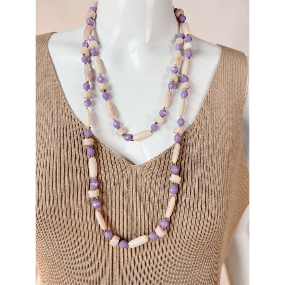 Vintage Lavender & Cream Beaded  Necklace 48 inches